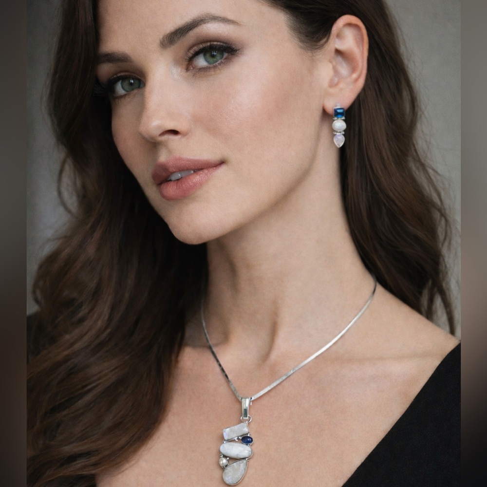 Moonstone, Amethyst, Pearl 925 Sterling Silver V Torque Necklace and Earring Set